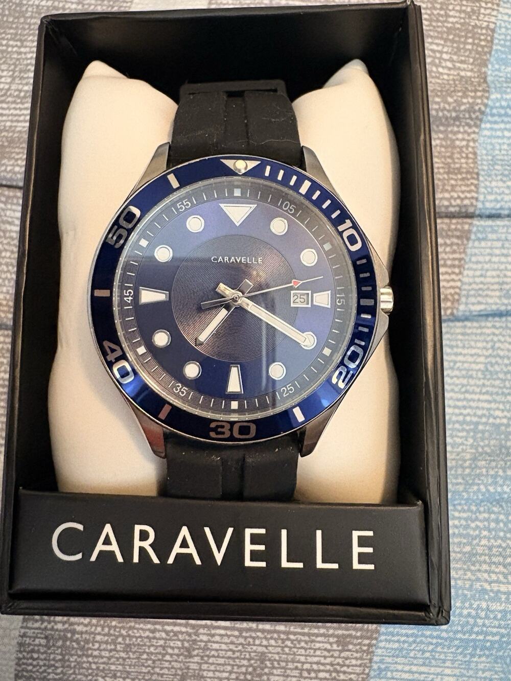 Brand New Men's Bulova Caravelle Blue Dial, Black Band, 43B155 - No Batery